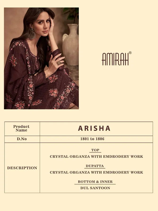 Arisha By Amirah Embroidery Organza Designer Salwar Suits Catalog
